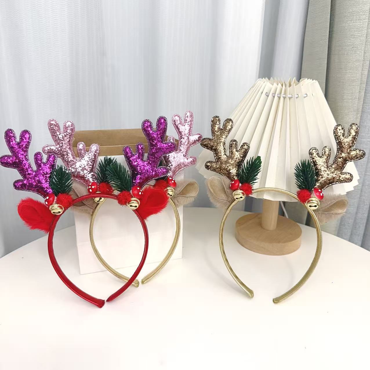 Reindeer Antlers Headband - Populaire glitterhertenhoorn haarbanden, goudrode kerst haarbanden,
