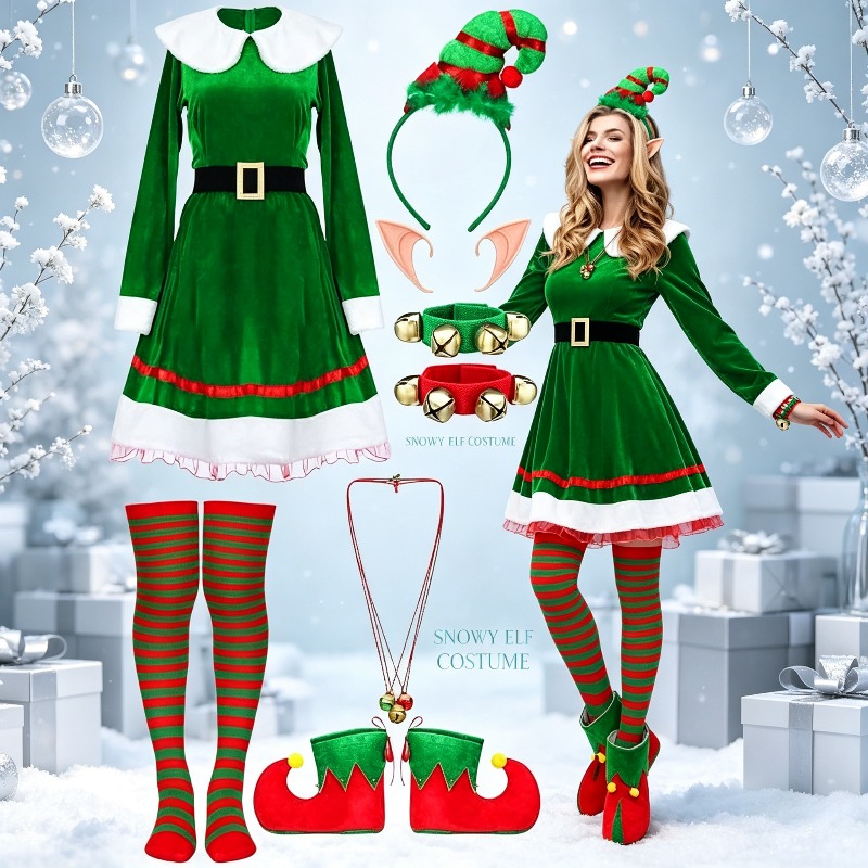 Elf Costume Christmas - Kerstelfkostuumset voor dames, fluwelen jurk met