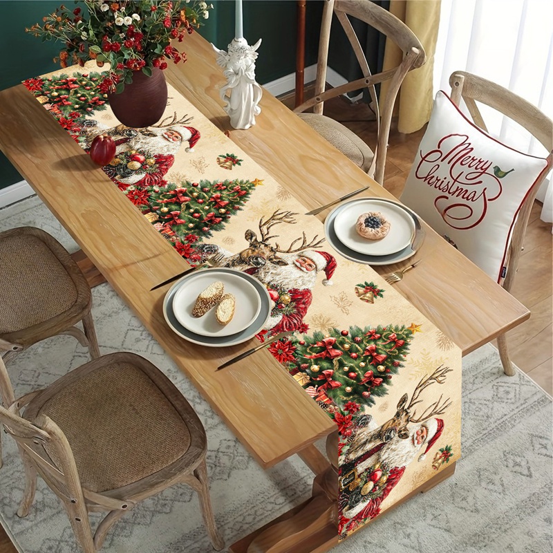 Christmas Table Runner - Vintage Kerst Tafelloper Retro Kerstman Tafelkleed